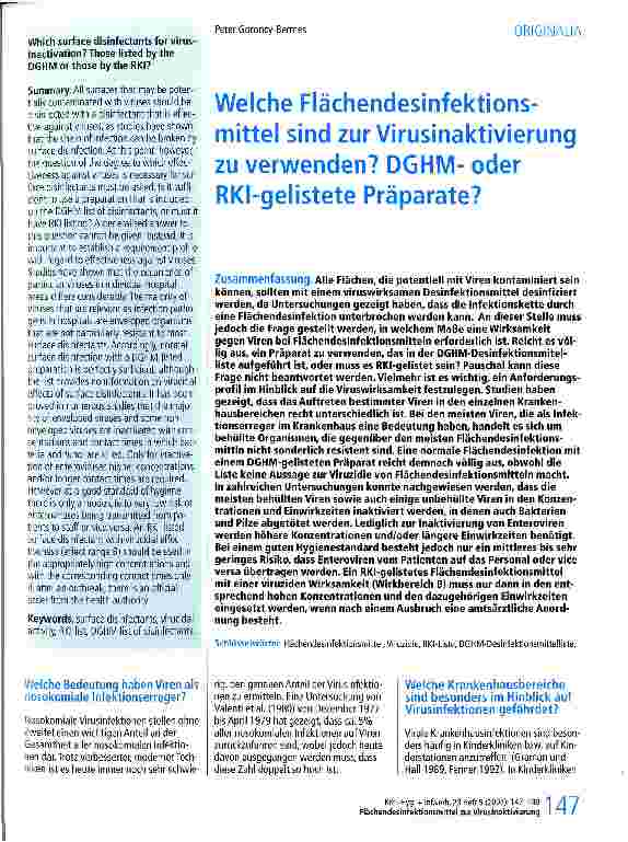 Vorschauseite 1: Welche Flächendesinfektionsmittel sind zur Virusinaktivierung zu verwenden? DGHModer RKI-gelistete Präparate?