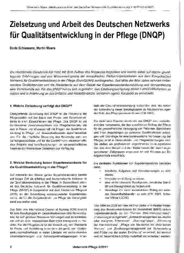 Vorschauseite 1: Zielsetzung und Arbeit des Deutschen Netzwerks für Qualitätsentwicklung in der Pflege (DNQP)