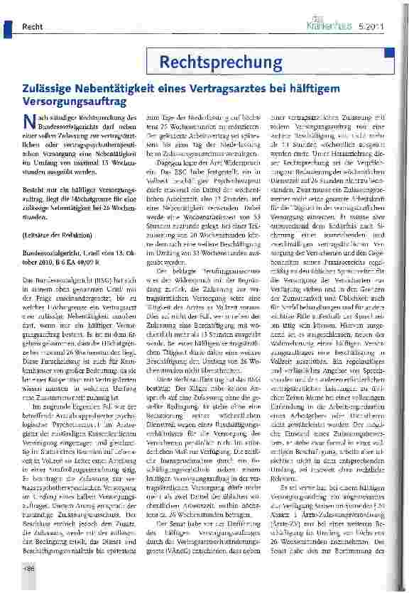 Vorschauseite 1: Zulässige Nebentätigkeit eines Vertragsarztes bei hälftigem Versorgungsauftrag