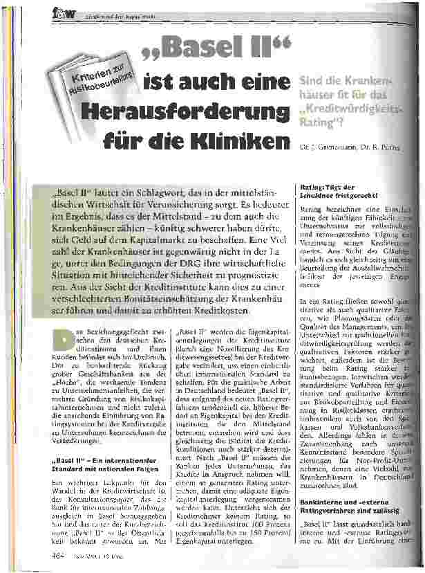 Vorschauseite 1: Basel II ist auch eine Herausforderung für die Kliniken Kriterien zur Risikobeurteilung