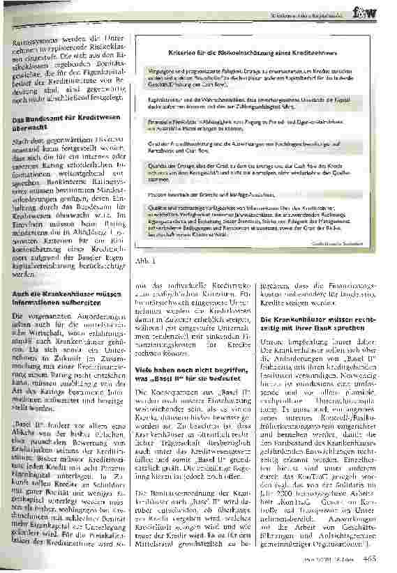 Vorschauseite 2: Basel II ist auch eine Herausforderung für die Kliniken Kriterien zur Risikobeurteilung