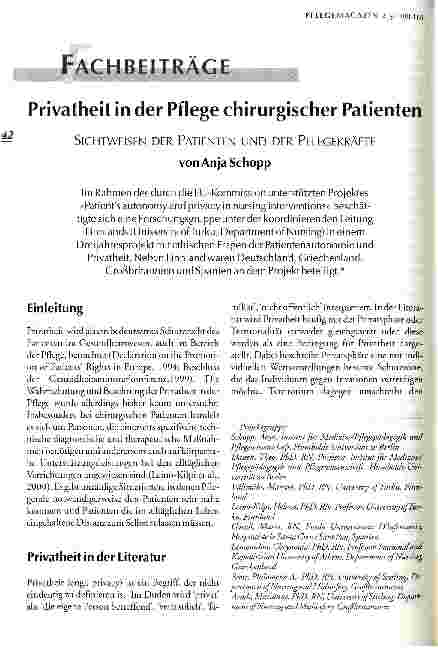 Vorschauseite 1: Privatheit in der Pflege chirurgischer Patienten Sichtweisen der Patienten und der Pflegekräfte