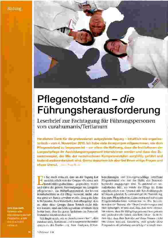 Vorschauseite 1: Pflegenotstand - die FührungsherausforderungLeserbrief zur Fachtagung für Führungspersonen von curahumanis/Tertianum