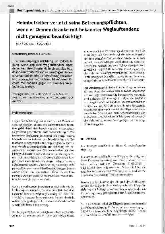 Vorschauseite 1: Heimbetreiber verletzt seine Betreuungspflichten, wenn er Demenzkranke mit bekannter Weglauftendenz nicht genügend beaufsichtigt