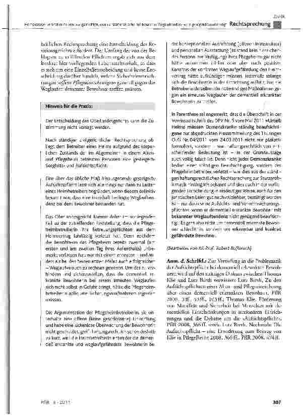 Vorschauseite 6: Heimbetreiber verletzt seine Betreuungspflichten, wenn er Demenzkranke mit bekannter Weglauftendenz nicht genügend beaufsichtigt