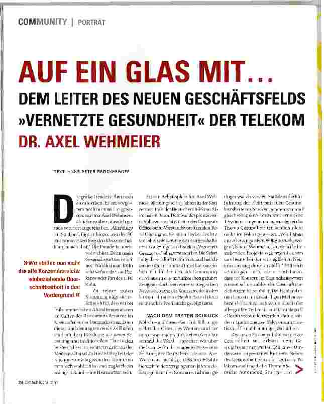 Vorschauseite 1: AUF EIN GLAS MIT...DEM LEITER DES NEUEN GESCHÄFTSFELDS »VERNETZTE GESUNDHEIT« DER TELEKOM