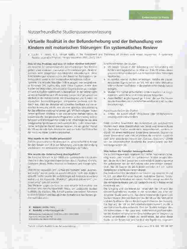 Vorschauseite 1: Nutzerfreundliche Studienzusamnnenfassung Virtuelle Realität in der Befunderhebung und der Behandlung von Kindern mit motorischen Störungen: Ein systematisches Review