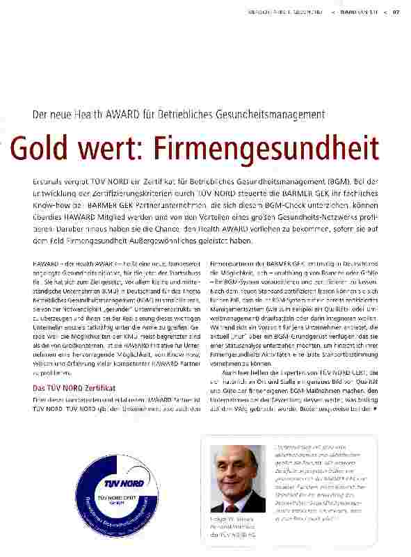 Vorschauseite 2: Der neue Health AWARD für Betriebliches GesundheitsmanagementGold wert: Firmengesundheit