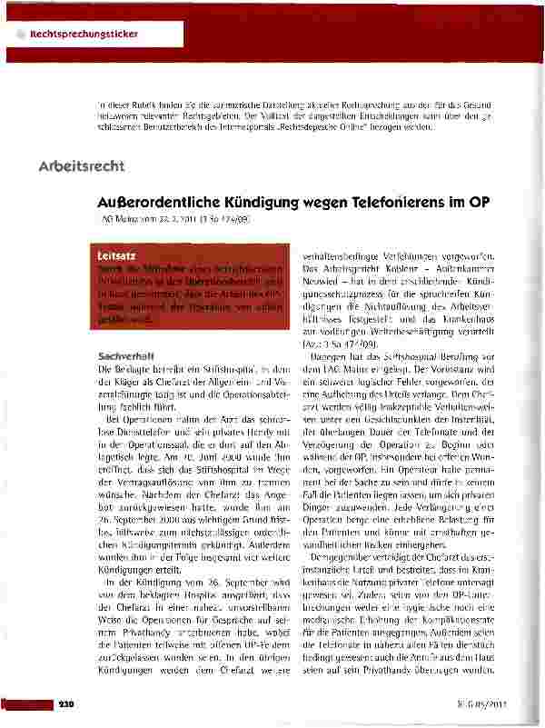 Vorschauseite 1: Außerordentliche Kündigung wegen Telefonierens im OP