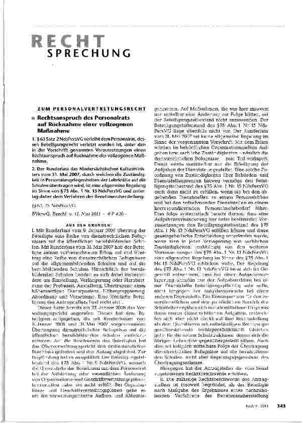 Vorschauseite 1: Rechtsanspruch des Personalrats auf Rücknahme einer vollzogenen Maßnahme