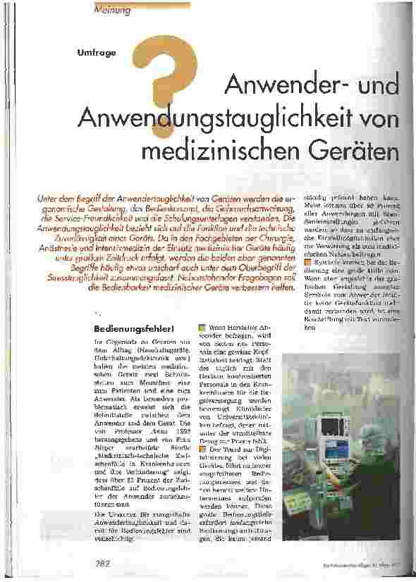 Vorschauseite 1: Anwenderund Anwendungstauglichkeit von medizinischen Geräten Umfrage