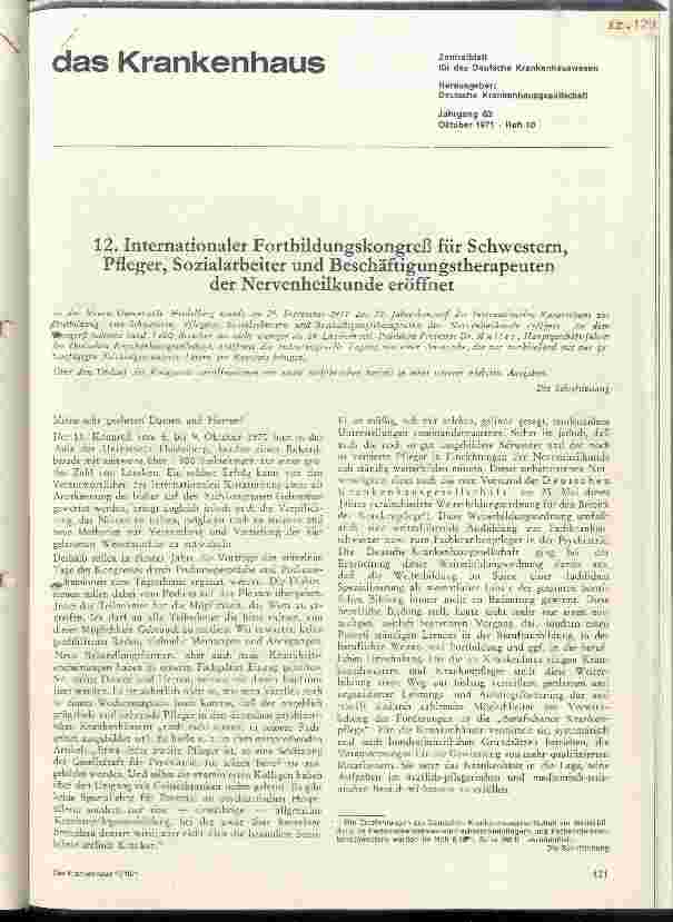 Vorschauseite 1: 12. Internationaler Fortbildungskongreß für Schwestern, Sozialarbeiter und BT der Nervenkunde eröffnet