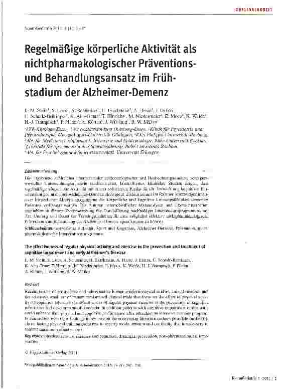 Vorschauseite 1: Regelmäßige körperliche Aktivität als nichtpharmakologischer Präventionsund Behandlungsansatz im Frühstadium der Alzheimer-Demenz