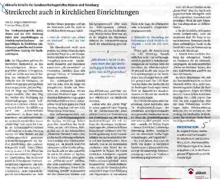 Vorschauseite 1: Streikrecht auch in kirchlichen Einrichtungen