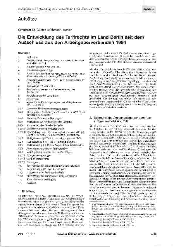 Vorschauseite 1: Die Entwicklung des Tarifrechts im Land Berlin seit dem Ausschluss aus den Arbeitgeberverbänden 1994
