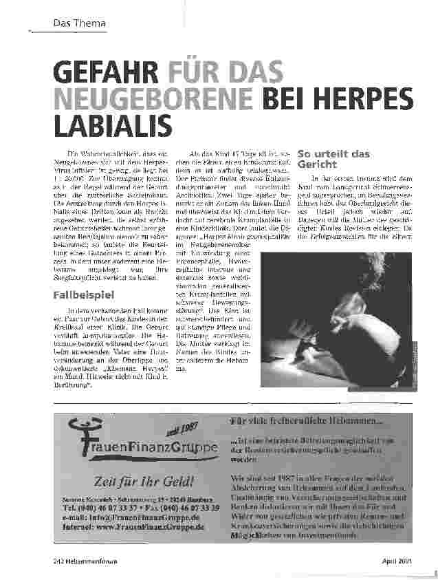 Vorschauseite 1: GEFAHR FÜR DAS NEUGEBORENE BEI HERPES LABIALIS