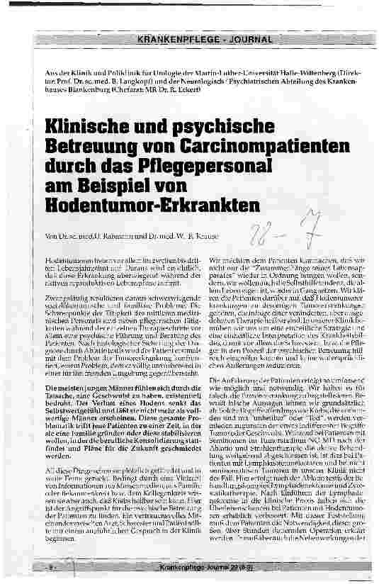 Vorschauseite 1: Klinische und psychische Betreuung von Carcinompatienten durch das Pflegepersonal am Beispiel von Hodentumor-Erkrankten