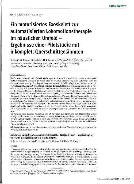 Vorschauseite 1: Ein motorisiertes Exoskelett zur automatisierten Lokomotionstherapie im häuslichen Umfeld -Ergebnisse einer Pilotstudie mit inkomplett Querschnittgelähmten