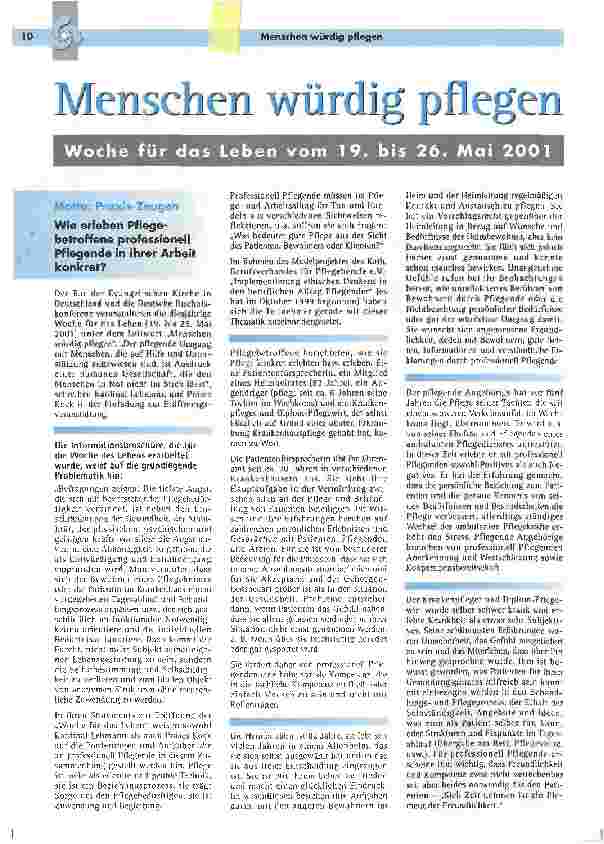 Vorschauseite 1: Menschen würdig pflegenWoche für das Leben vom 19. bis 26. Mai 2001