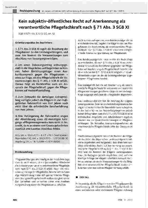 Vorschauseite 1: Kein subjektiv-öffentliches Recht auf Anerkennung als verantwortliche Pflegefachkraft nach § 71 Abs. 3 SGB XI SGB XI § 71 Abs. 3, § 72; CG Art. 12