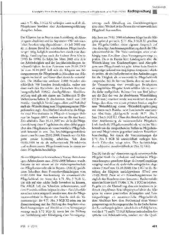 Vorschauseite 2: Kein subjektiv-öffentliches Recht auf Anerkennung als verantwortliche Pflegefachkraft nach § 71 Abs. 3 SGB XI SGB XI § 71 Abs. 3, § 72; CG Art. 12