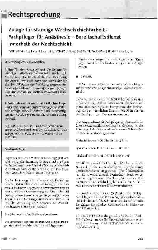 Vorschauseite 1: Zulage für ständige Wechselschichtarbeit -Fachpfleger für Anästhesie - Bereitschaftsdienst innerhalb der Nachtschicht