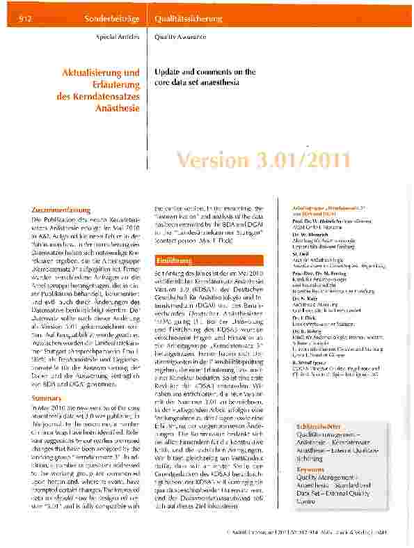 Vorschauseite 1: Aktualisierung und Erläuterung des Kerndatensatzes Anästhesie