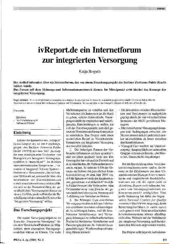 Vorschauseite 1: ivReport. de ein Internetforum zur integrierten Versorgung
