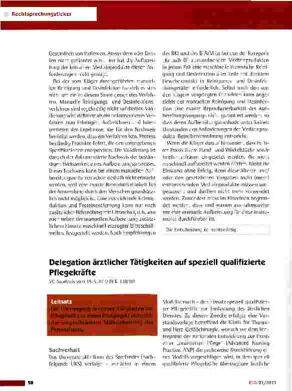 Vorschauseite 1: Delegation ärztlicher Tätigkeiten auf speziell qualifizierte PflegekräfteVG Saarloui5vom 19. 5. 2010 {9 K 338/10)