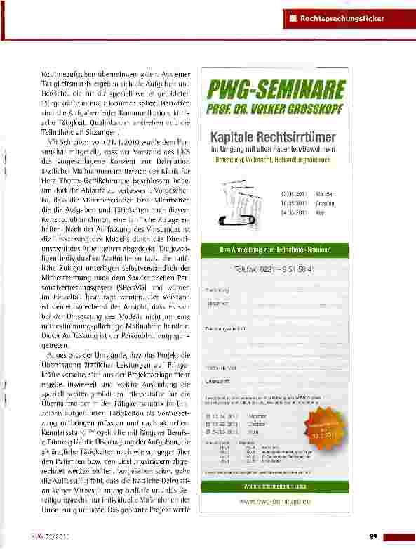 Vorschauseite 2: Delegation ärztlicher Tätigkeiten auf speziell qualifizierte PflegekräfteVG Saarloui5vom 19. 5. 2010 {9 K 338/10)