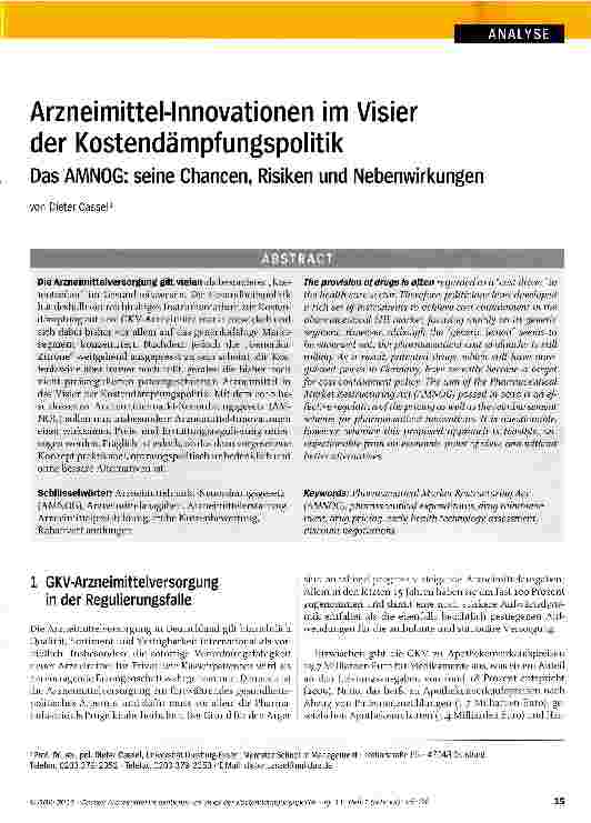 Vorschauseite 1: Arzneimittel-Innovationen im Visier der KostendämpfungspolitikDas AMNOG: seine Chancen, Risiken und Nebenwirkungen