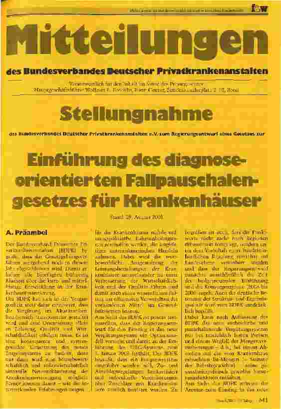 Vorschauseite 1: Stellungnahme des Bundesverbandes Deutscher Privatkrankenanstalten e. V. zum Regierungsentwurf eines Gesetzes zur Einführung des diagnose-orientierten Fallpauschalengesetzes für K…
