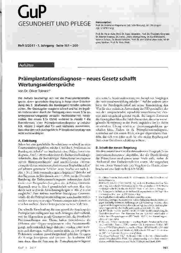 Vorschauseite 1: Präimplantationsdiagnose - neues Gesetz schafft Wertungswidersprüche