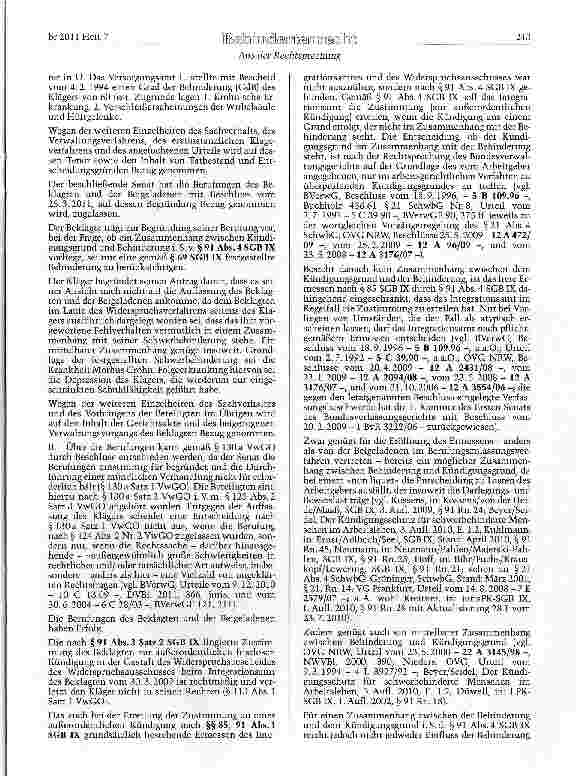 Vorschauseite 2: SGB IX §§2, 69, 91 Abs. 4Sonderkündigungsschutz - außerordentliche Kündigung - Zusammenhang zwischen Kündigungsgrund und Behinderung