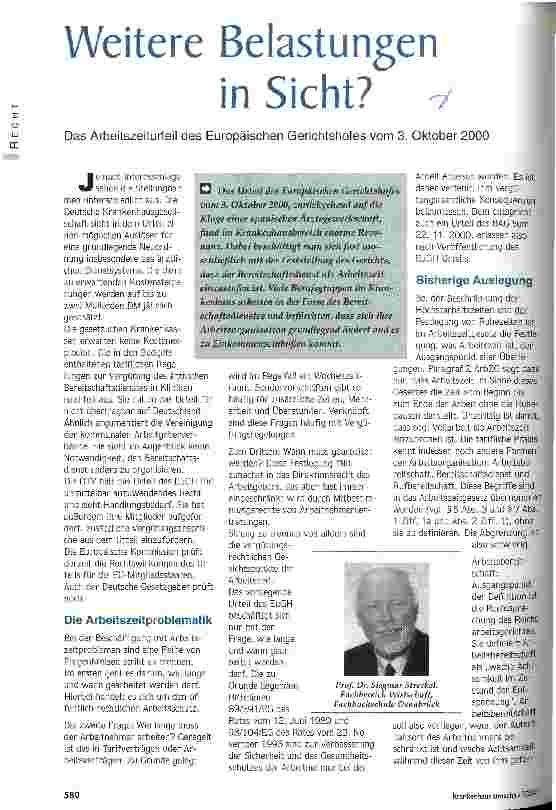Vorschauseite 1: Weitere Belastungen in Sicht? Das Arbeitszeiturteil des Europäischen Gerichtshofes vom 3. Oktober 2000