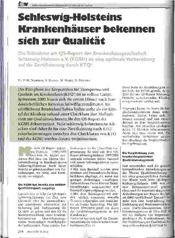 Vorschauseite 1: Schleswig-Holsteins Krankenhäuser bekennen sich zur Qualität