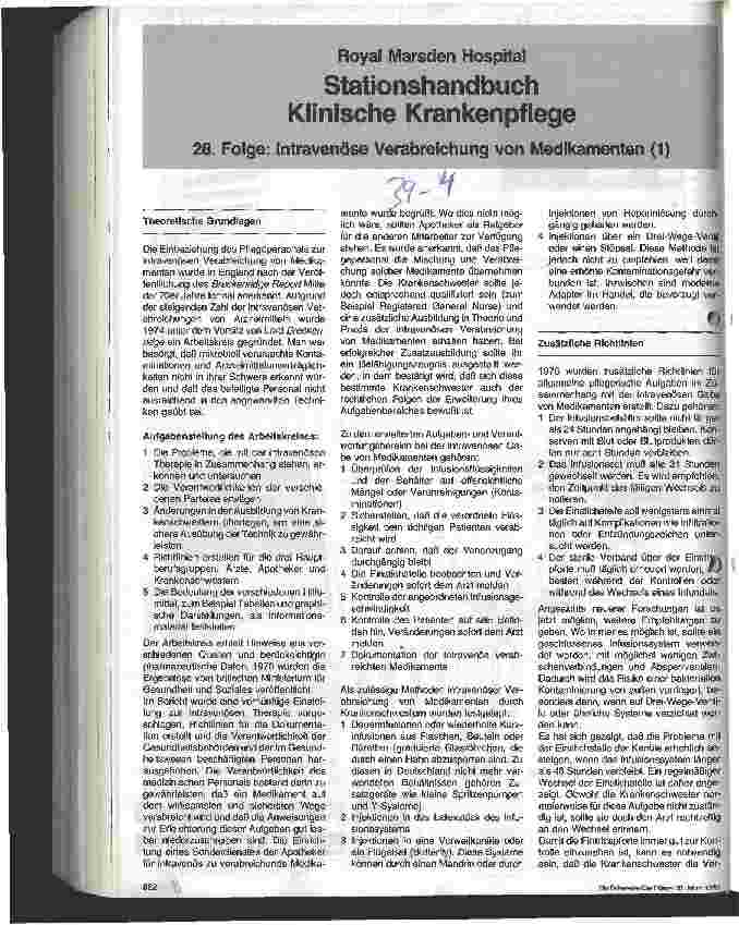 Vorschauseite 1: Royal Marsdn Hospital - Stationshandbuch Klinische Krankenpflege 28. Folge: Intravenöse Verabreichung von Medikamenten (1)