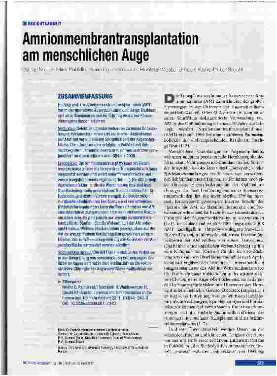Vorschauseite 1: Amnionmembrantransplantation am menschlichen Auge