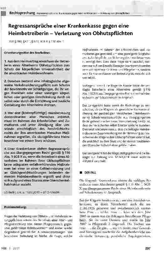 Vorschauseite 1: Regressansprüche einer Krankenkasse gegen eine Heimbetreiberin - Verletzung von Obhutspf lichtenBGB §280, §611, §823; SGB X§ 116 Abs. 1