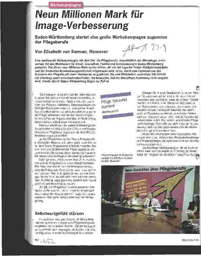 Vorschauseite 1: Neun Millionen Mark für Image-Verbesserung - Baden-Württemberg startet eine große Werbekampagne zugunsten der Pflegeberufe