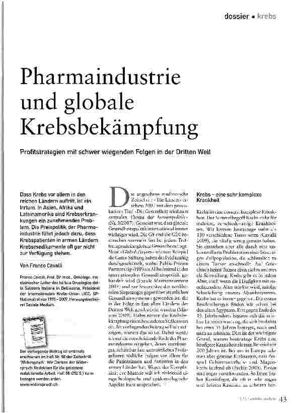 Vorschauseite 1: Pharmaindustrie und globale KrebsbekämpfungProfitstrategien mit schwerwiegenden Folgen in der Dritten Welt