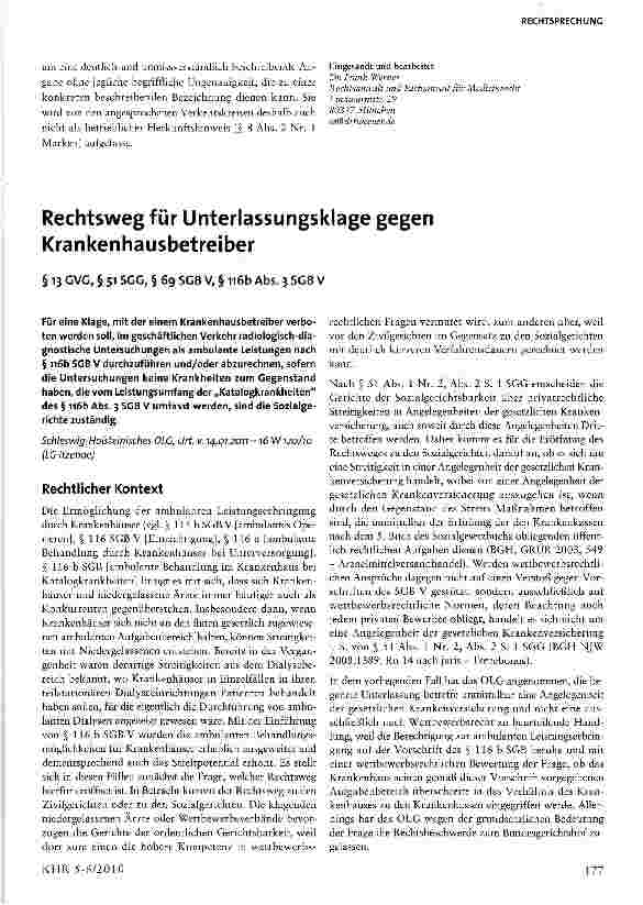Vorschauseite 1: Rechtsweg für Unterlassungsklage gegen Krankenhausbetreiber