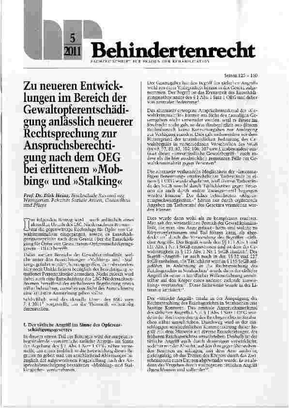 Vorschauseite 1: Zu neueren Entwicklungen im Bereich der Gewaltopferentschädigung anlässlich neuerer Rechtsprechung zur Anspruchsberechtigung nach dem OEG bei erlittenem »Mobbing« und »Stalking«