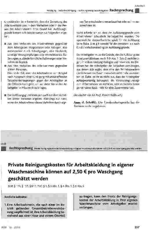 Vorschauseite 1: Private Reinigungskosten für Arbeitskleidung in eigener Waschmaschine können auf 2,50 € pro Waschgang geschätzt werdenBGB § 133, § 157, § 611; TVG § 1, § 3 Abs. 1, § 4 Abs. 1, § 4…
