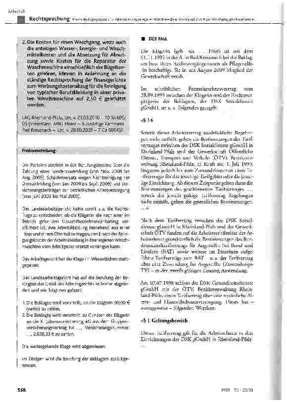 Vorschauseite 2: Private Reinigungskosten für Arbeitskleidung in eigener Waschmaschine können auf 2,50 € pro Waschgang geschätzt werdenBGB § 133, § 157, § 611; TVG § 1, § 3 Abs. 1, § 4 Abs. 1, § 4…