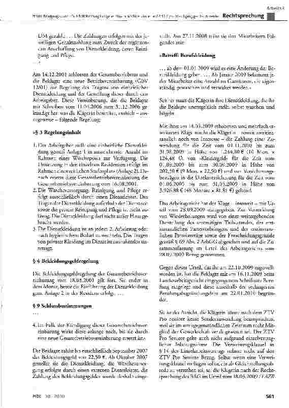 Vorschauseite 5: Private Reinigungskosten für Arbeitskleidung in eigener Waschmaschine können auf 2,50 € pro Waschgang geschätzt werdenBGB § 133, § 157, § 611; TVG § 1, § 3 Abs. 1, § 4 Abs. 1, § 4…
