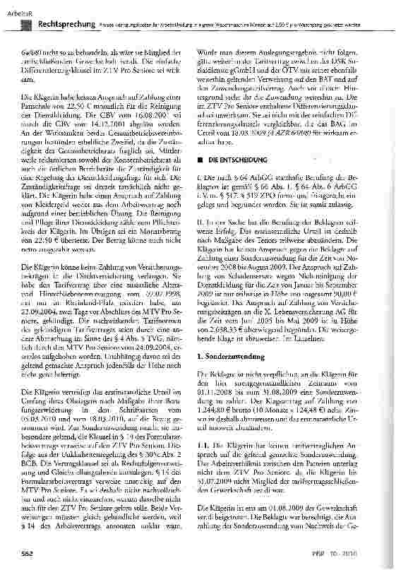 Vorschauseite 6: Private Reinigungskosten für Arbeitskleidung in eigener Waschmaschine können auf 2,50 € pro Waschgang geschätzt werdenBGB § 133, § 157, § 611; TVG § 1, § 3 Abs. 1, § 4 Abs. 1, § 4…