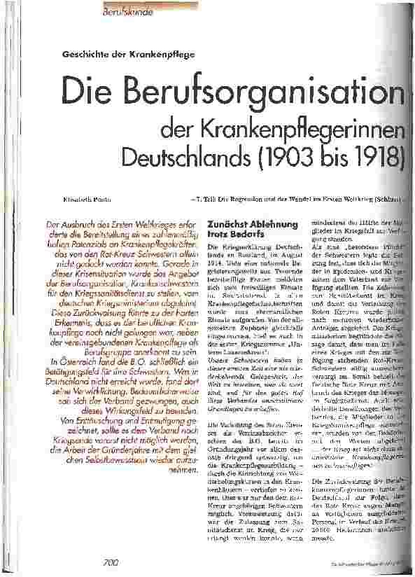 Vorschauseite 1: Die Berufsorganisation der Krankenpflegerinnen Deutschlands (1903 bis 1918) - 7. Teil: Die Regression und der Wandel im Ersten Weltkrieg (Schluss) -