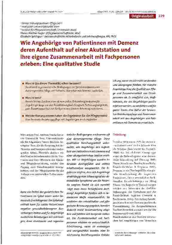 Vorschauseite 1: Wie Angehörige von Patientinnen mit Demenz deren Aufenthalt auf einer Akutstation und ihre eigene Zusammenarbeit mit Fachpersonen erleben: Eine qualitative Studie
