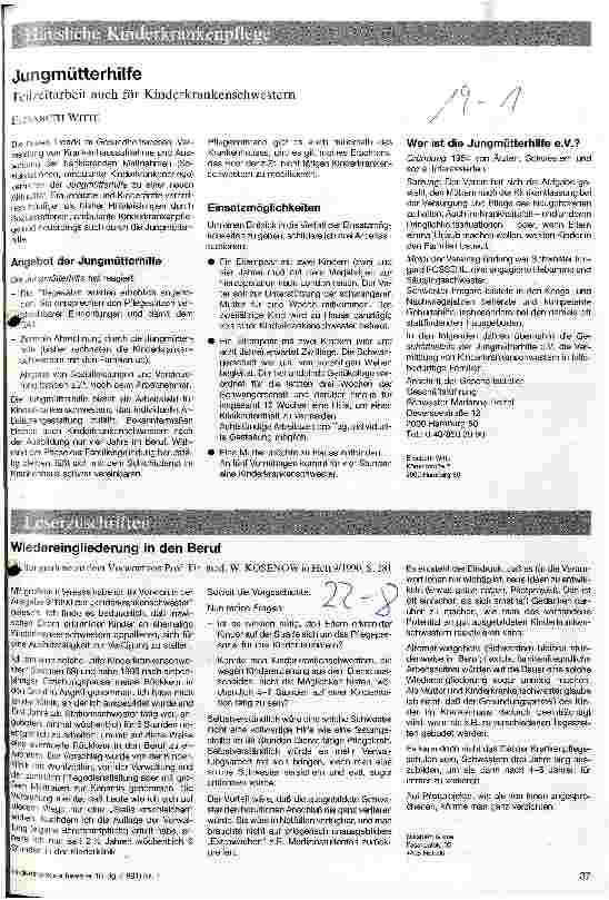 Vorschauseite 1: Jungmütterhilfe Teilzeitarbeit auch für Kinderkrankenschwestern